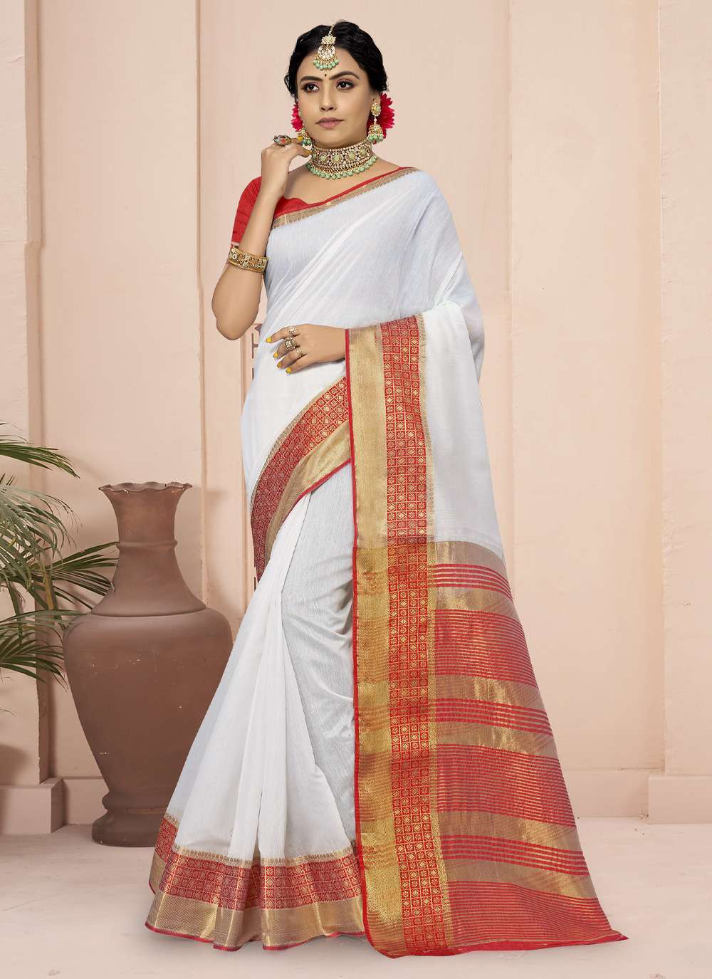 sangam prints red chilli cotton rich pallu saree