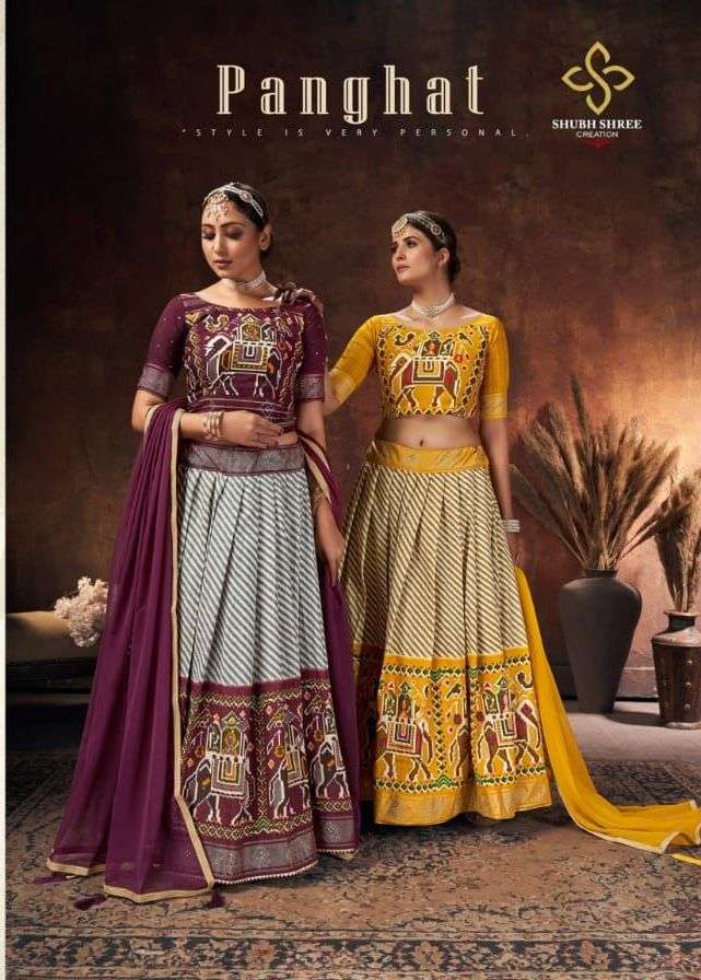 shubh shree panghat series 221-230 velvet Tusser silk lehenga