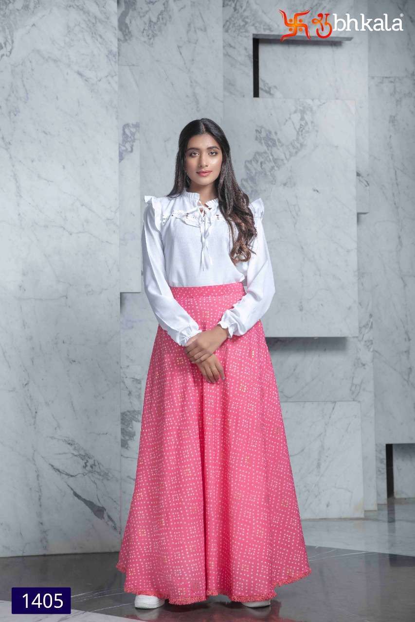 shubhkala frill & flare vol 1 series 1401-1406 rayon cotton crape top and bottom