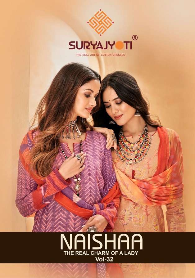 Suryajyoti Naishaa Vol-32 series 32001-32012 Pure Satin Cotton Print suit