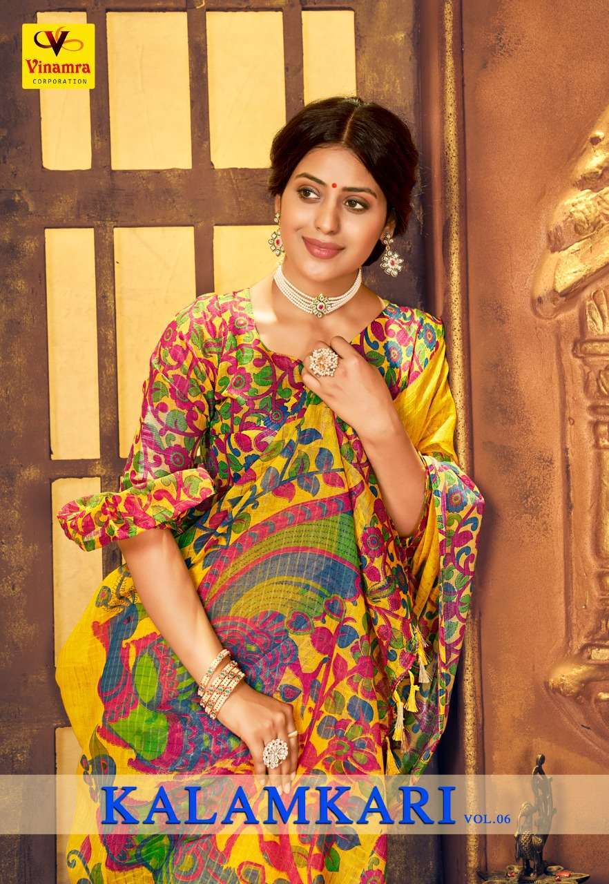 vinamra kalamkari vol 6 series 41-48 silver patta cotton saree