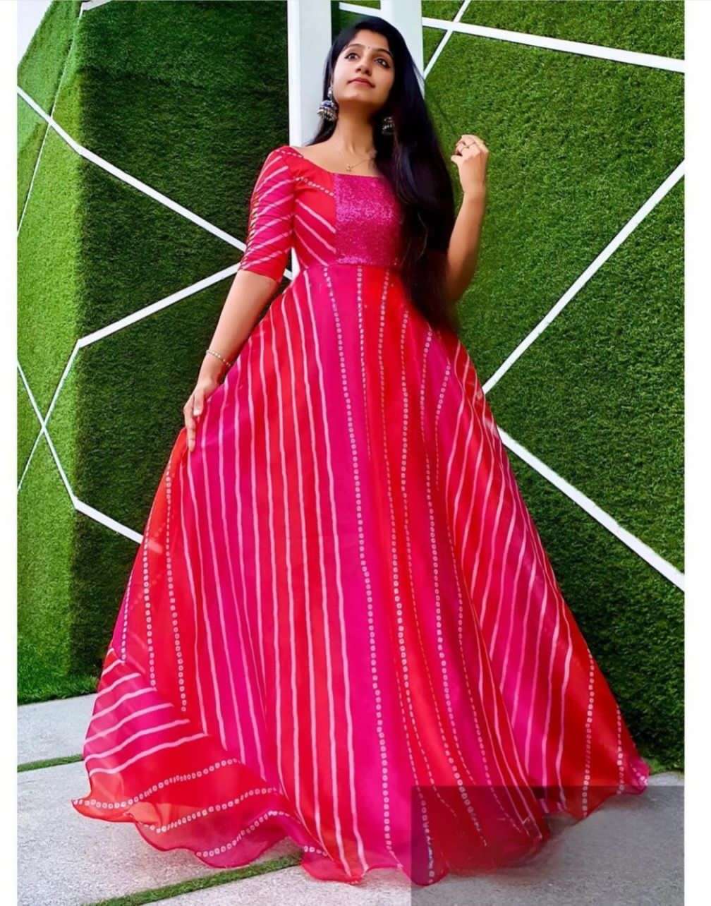 X-LADY WATER DESIGNER ORGANZA BANDHANI FLARED DRESS 