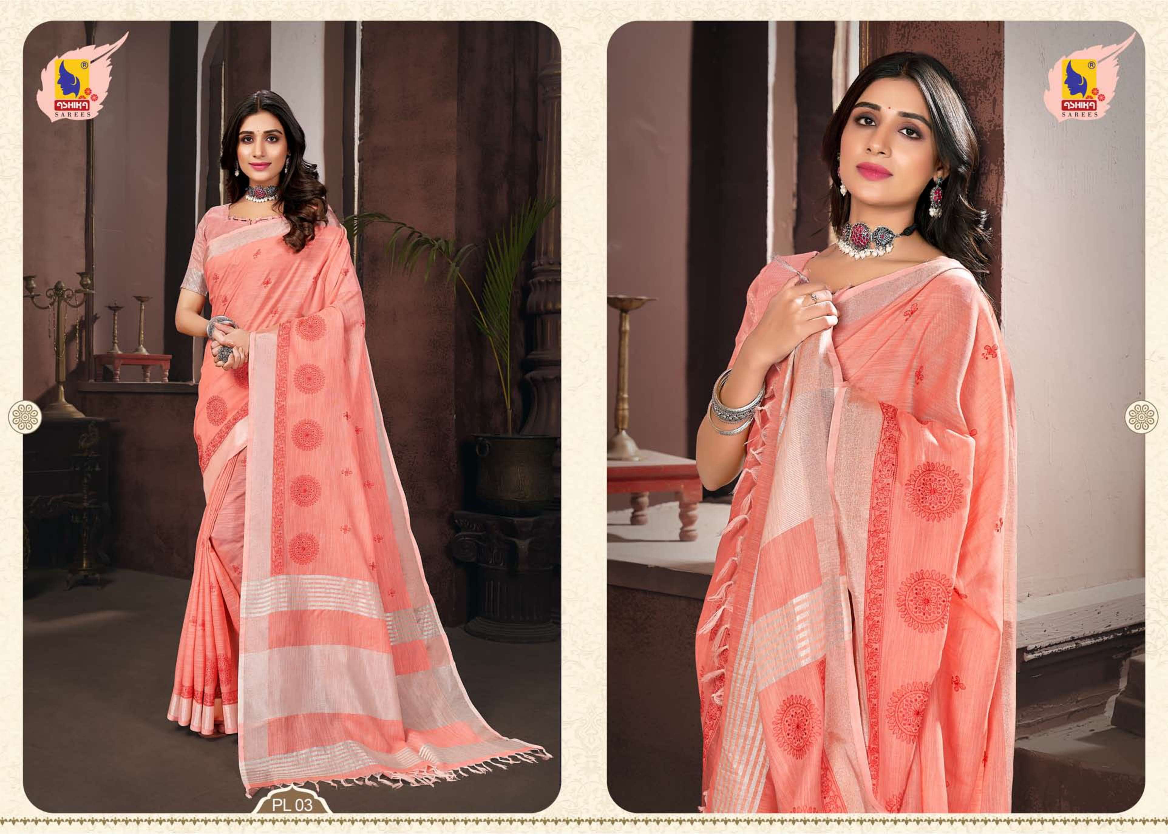 ashika sarees pure linen embroidery vol 4 series 01-08 linen saree