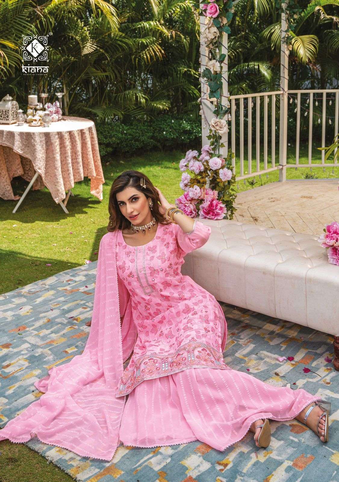 kiana luxurious 3pc readymade set top with plazzo and dupatta at best rate