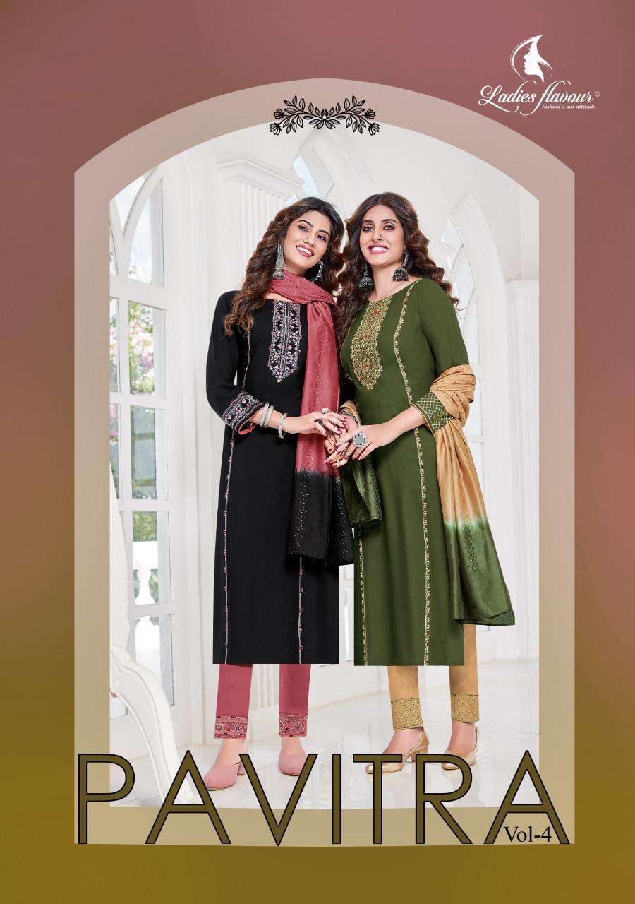 ladies flavour pavitra vol 4 series 1001-1006 14 kg heavy rayon readymade suit