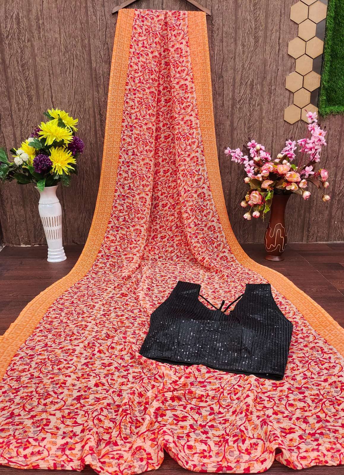 pr printed crush pleated sarees georgette print