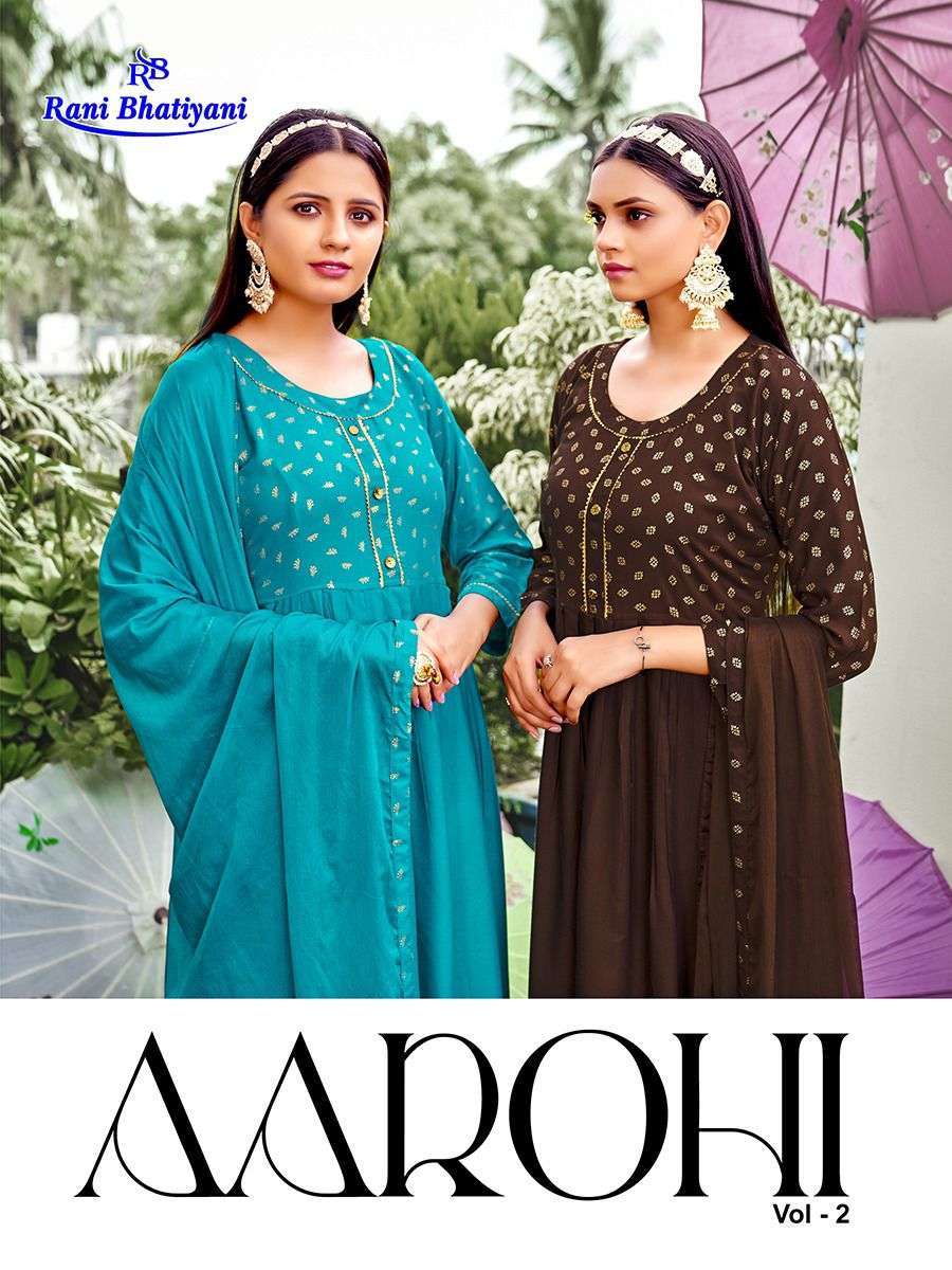 rani aarohi vol 2 series 1001-1008 14 kg rayon kurti with dupatta