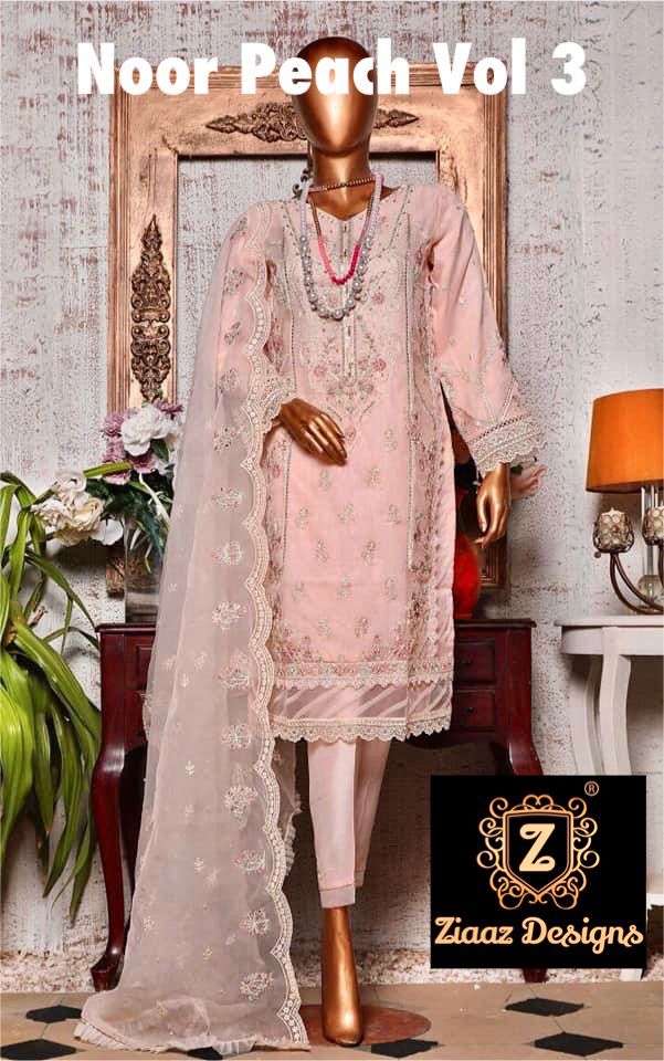 ZIAAZ DESIGNS NOOR PEACH VOL 3 DESIGNER ORGANZA SUIT 