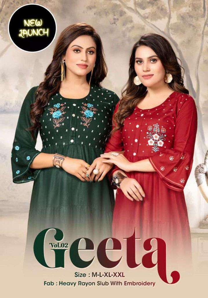 new riyaa geeta vol 2 series 201-206 heavy rayon slub kurti 
