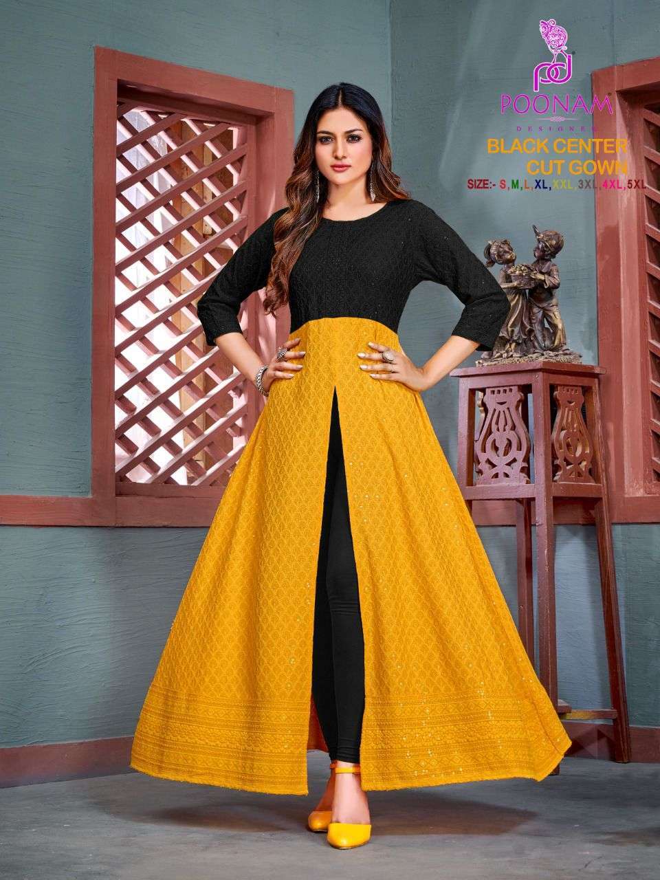 poonam black center cut gown series 1001-1008 pure chikan kurti