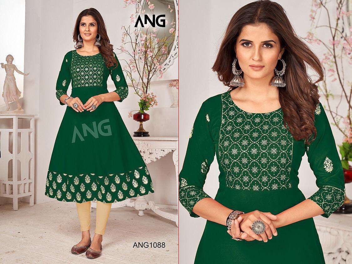 ang 1088 malai crap with gold print kurti catalog