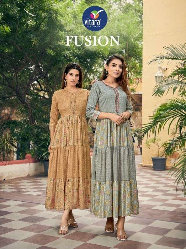 vitara fusion series 1001-1004 rayon foil print kurti 