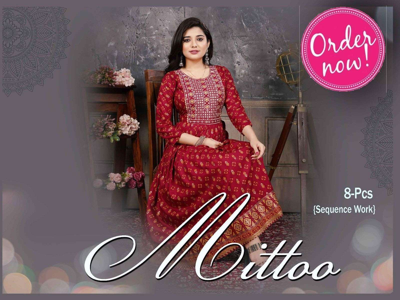 beauty queen mittoo heavy rayon gold foil print kurti 
