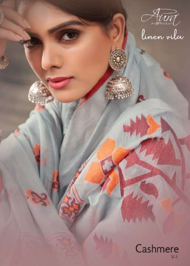 aura cashmere series 36201-36206 pure soft linen saree