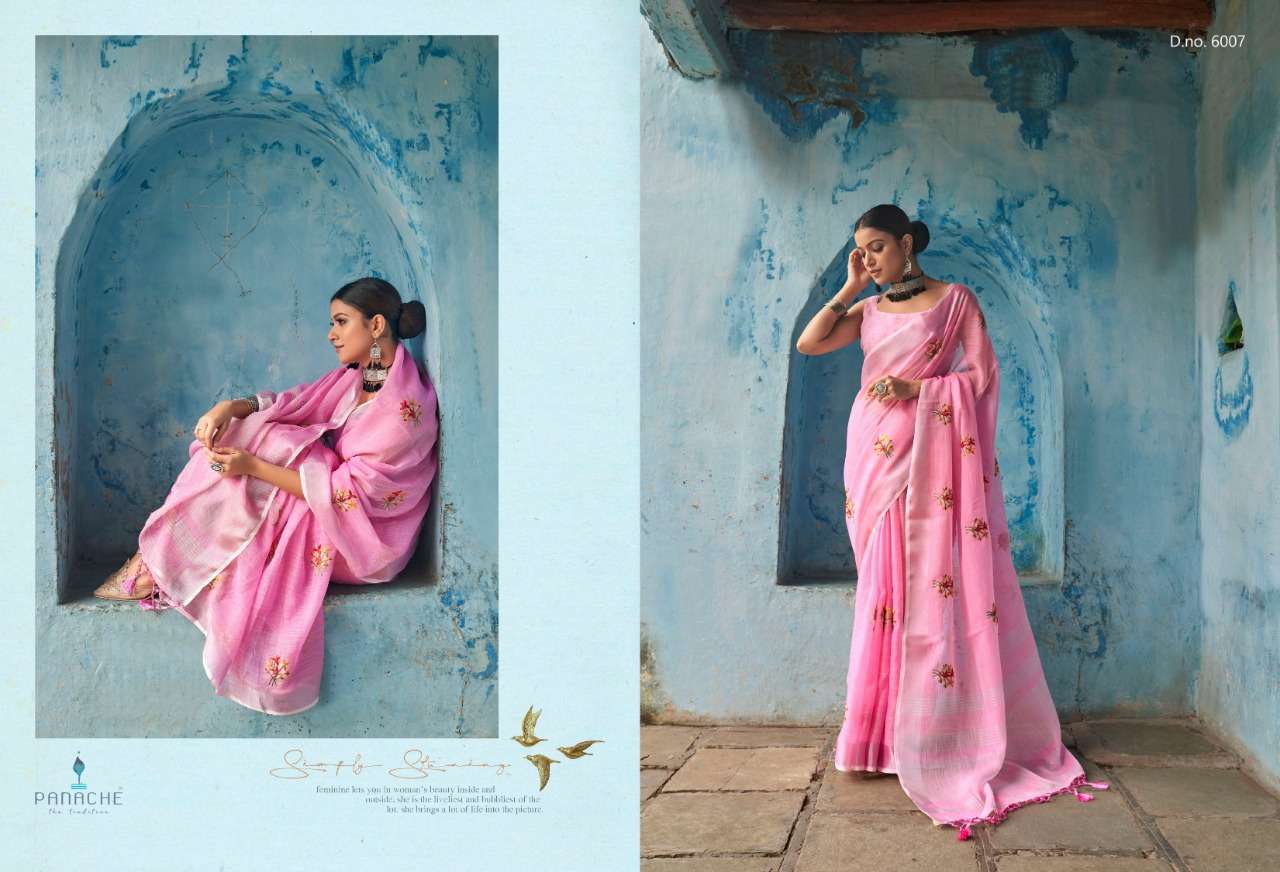bhumi tara series 6001-6007 linen saree with resham work 