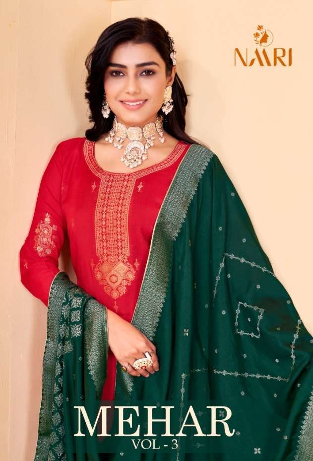 naari mehar vol 3 series 4401-4404 pure muslin jacquard suit 