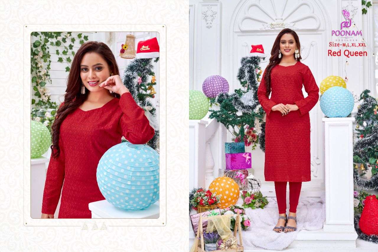 poonam designer red queen series 1001-1006 rayon chikan kurti 
