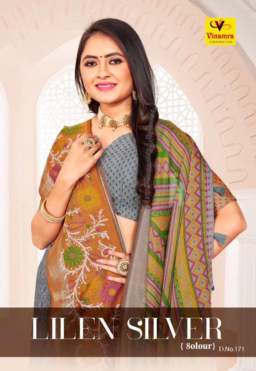 vinamra lilen silver 171 design Linen Ink Print saree