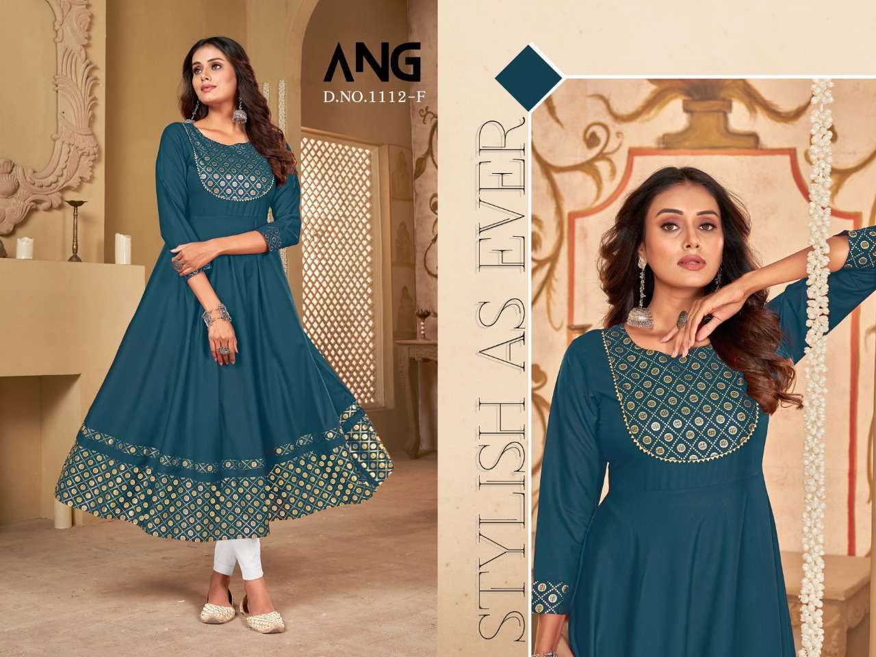 ang 1112 Reyon with Goldprint flair style kurtis
