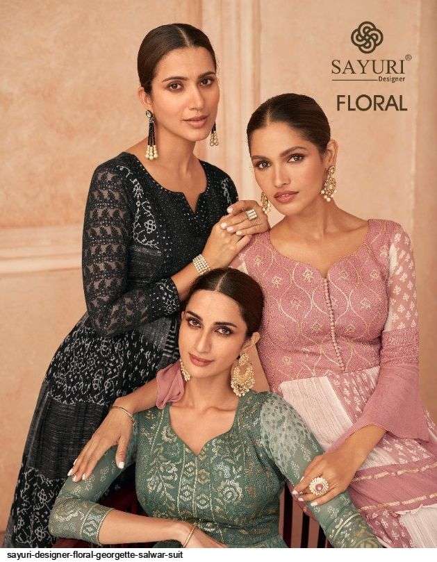 sayuri designer floral series 5233-5235 real georgette gown with dupatta