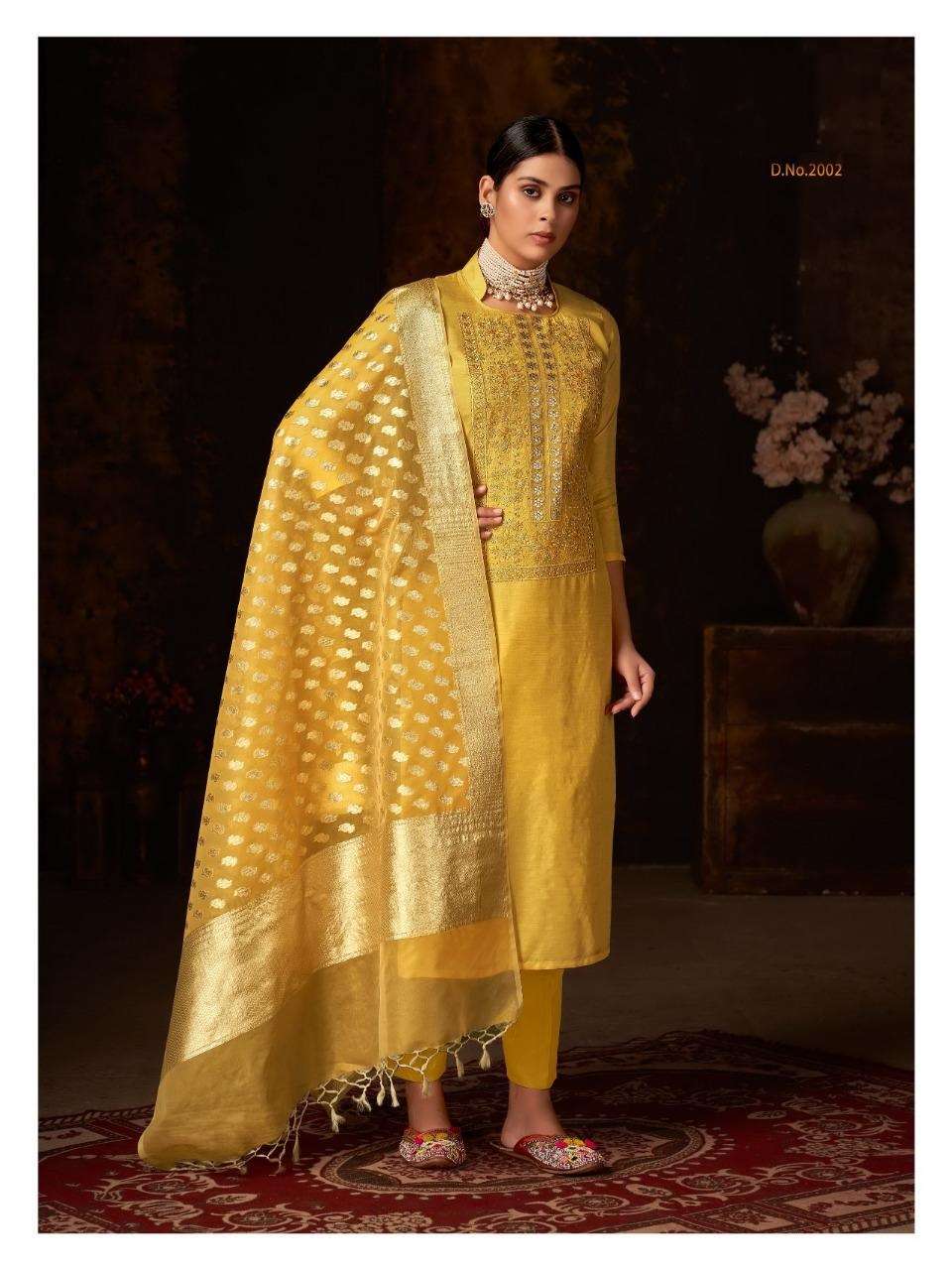 dola Pure Dola silk dyed top with heavy neck fancy embroidery suit