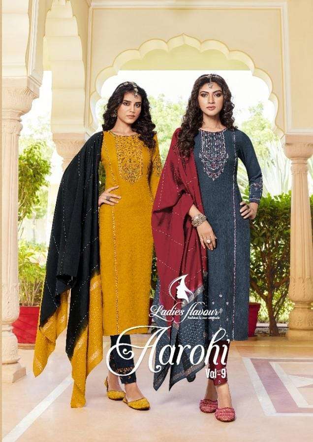ladies flavour aarohi vol 9 series 9001-9006 heavy chinon readymade suit 