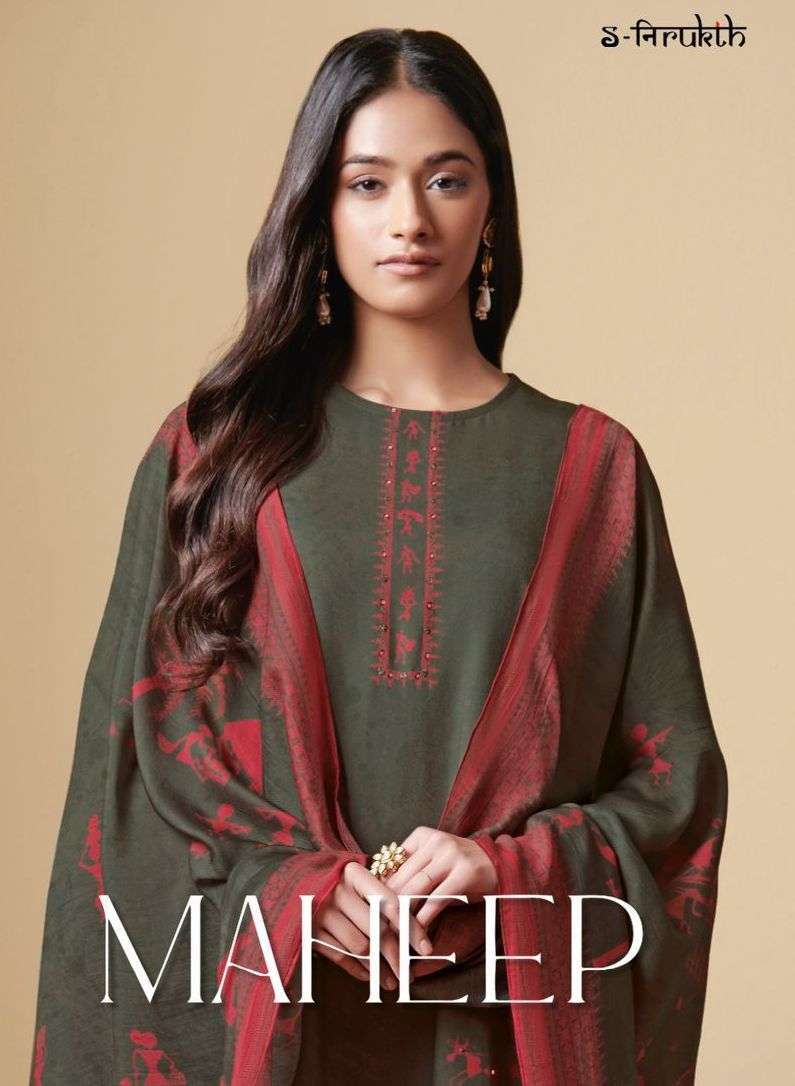 s nirukth maheep mulberry satin print handwork suit 