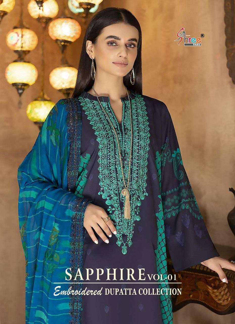 shree fabs sapphire embroidered dupatta collection vol 1 series 2554-2558 pure cotton suit