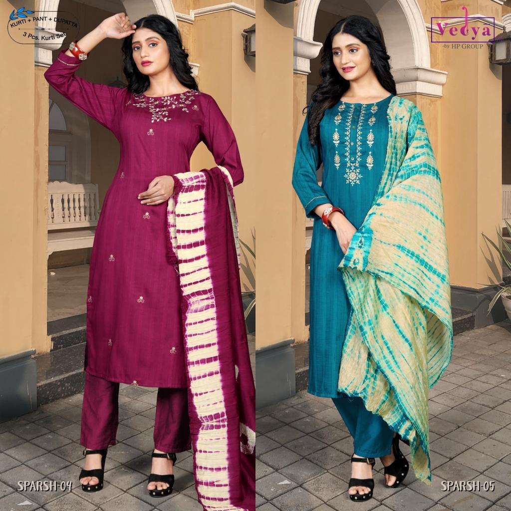 vedya sparsh series 01-06 chinon silk readymade suit 
