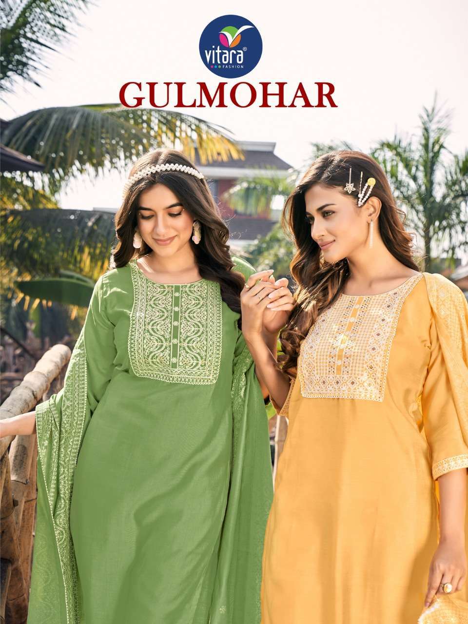 vitara gulmohar series 1001-1004 saffron silk readymade suit 
