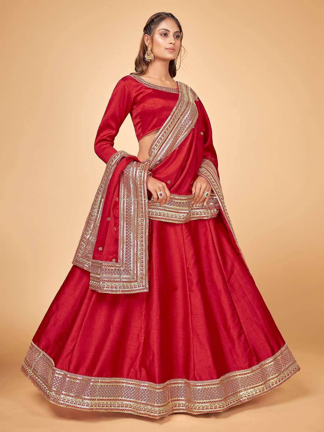 arya sing122 semi stitch raw silk adorable scarlet red lehenga choli