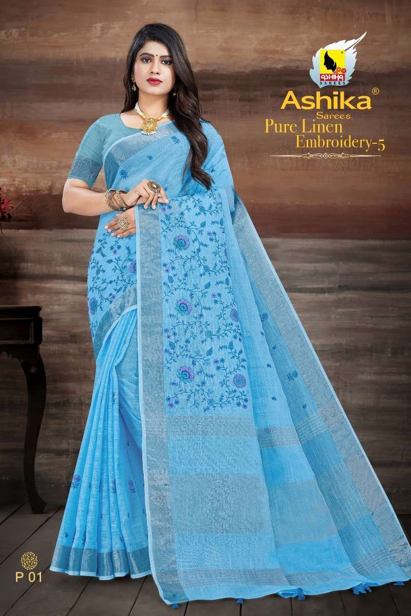 ashika pure linen embroidery vol 5 series 01-08 pure linen saree