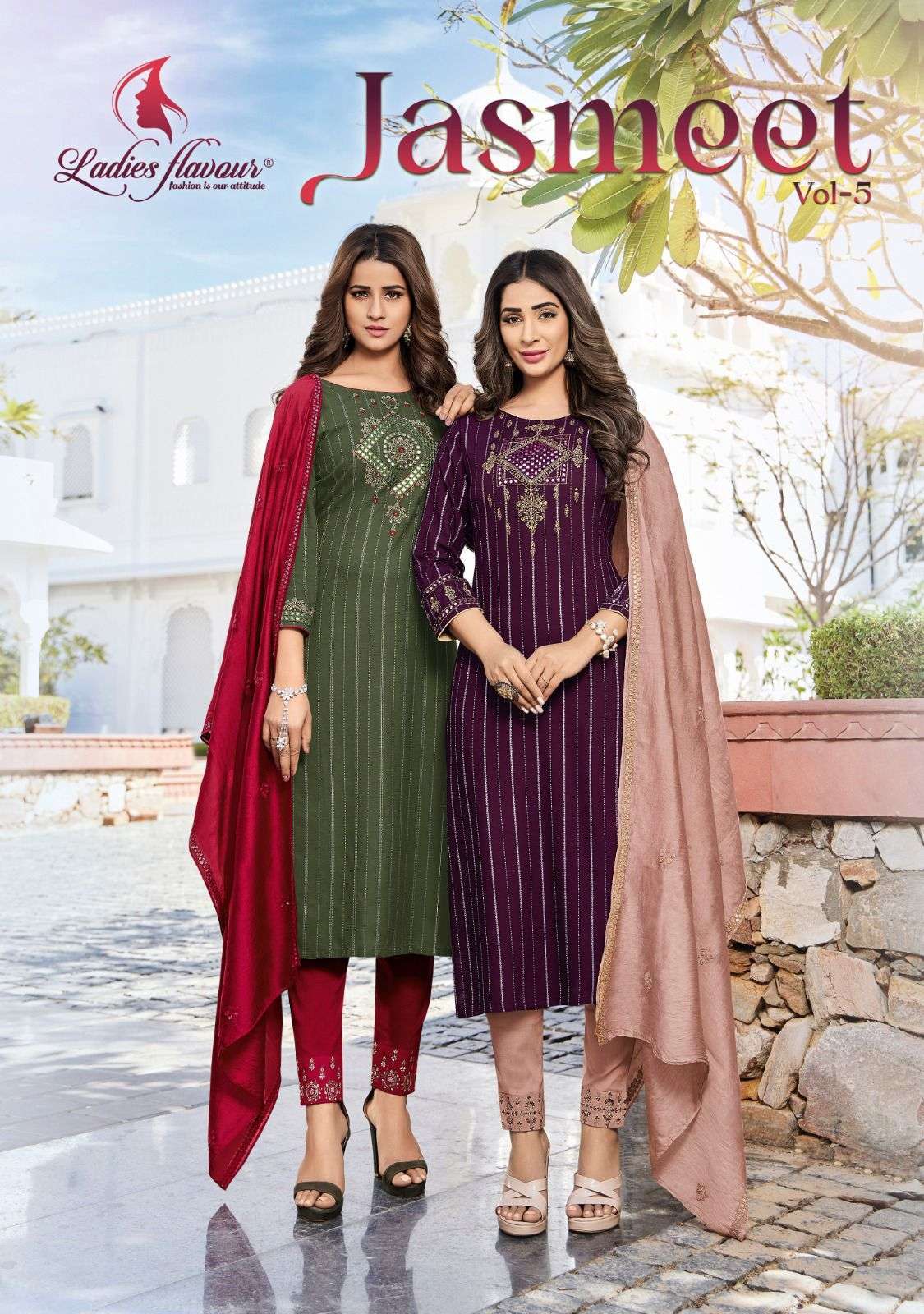 ladies flavour jasmeet vol 5 series 5001-5006 14 kg Rayon readymade suit 