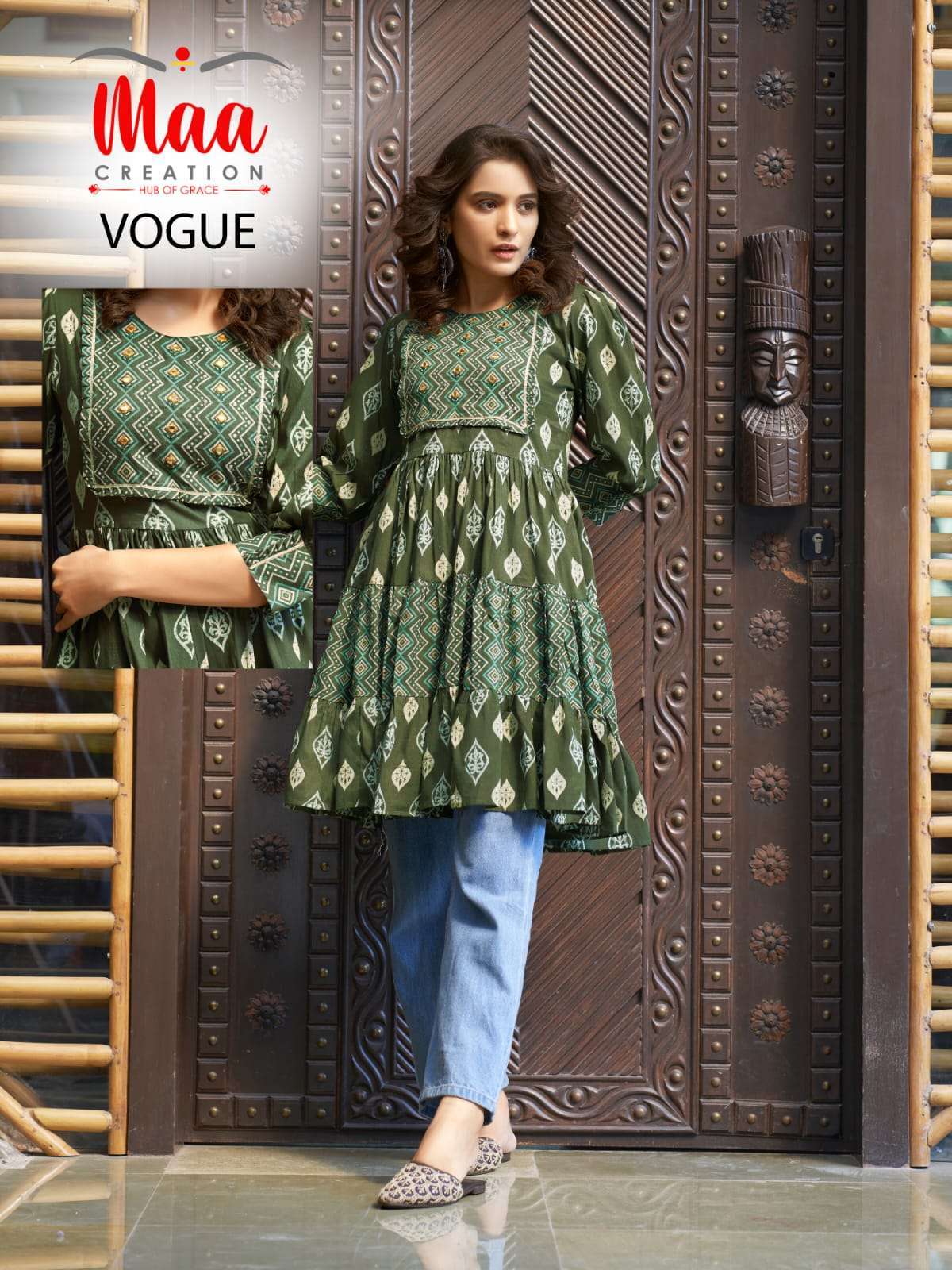 maa creation vogue cotton print handwork kurti 