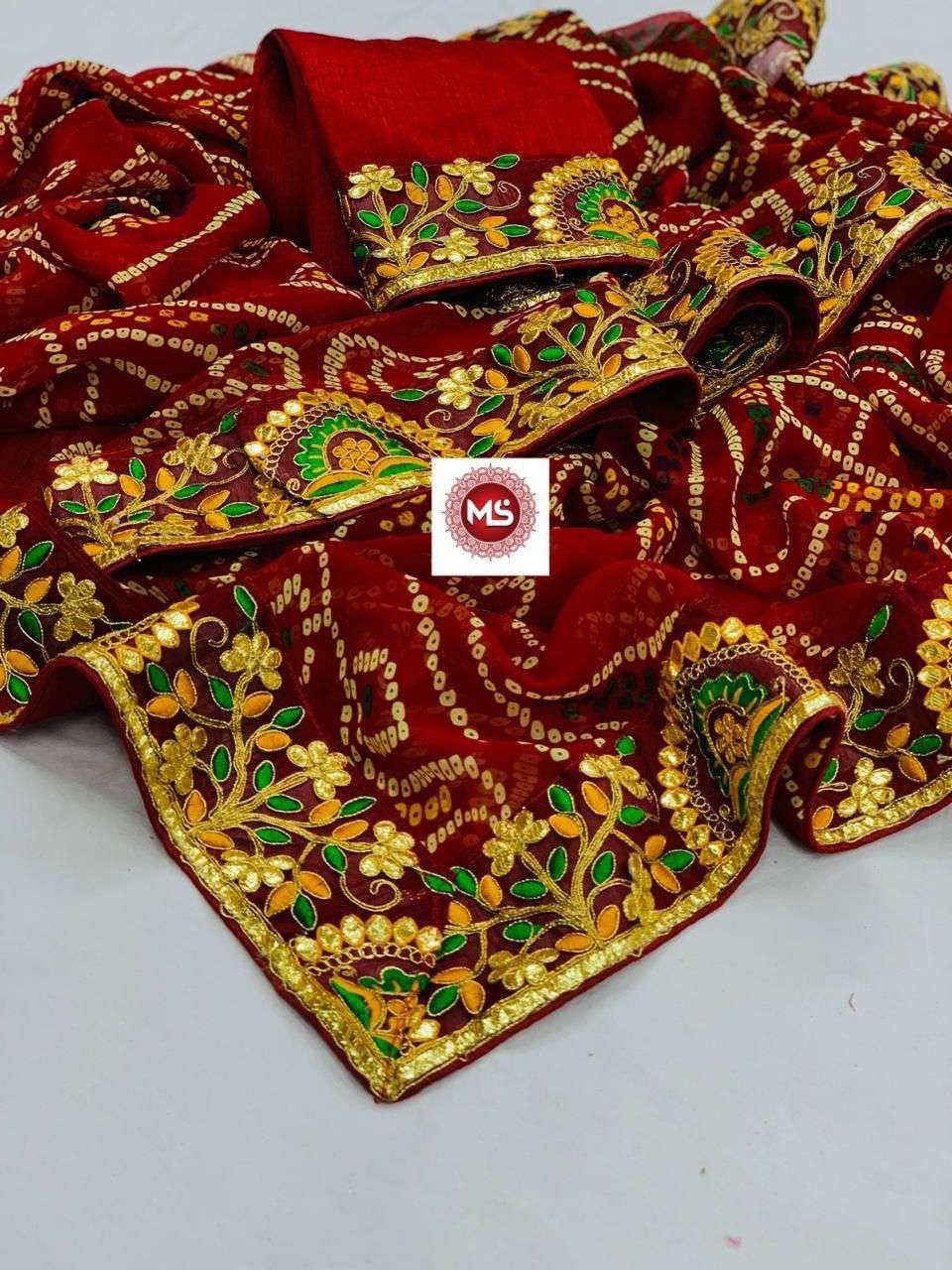 ms georgette bandhani saree lace patti gota 