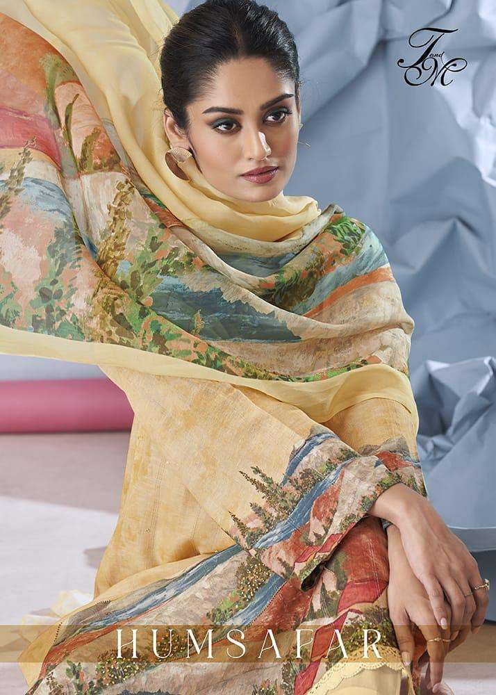 t & m humsafar pure linen printed suit 