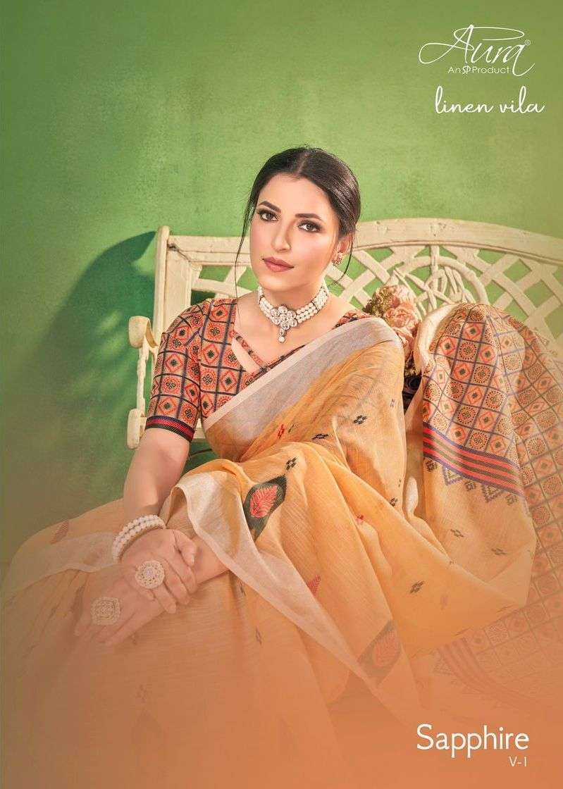aura sapphire vol 1 series 51101-51106 linen saree