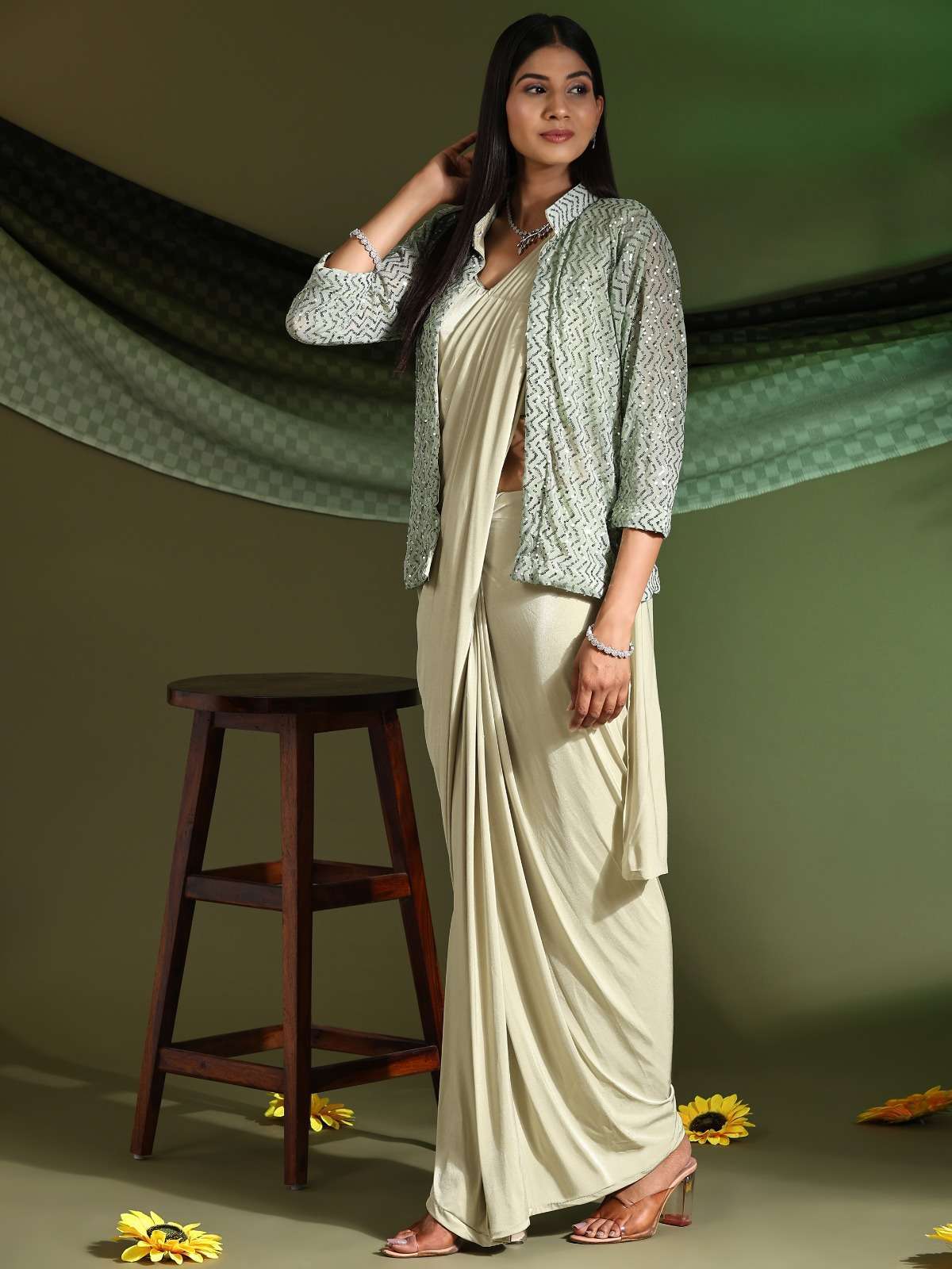 pr 101004 ready to wear designer party wear saree with long sleeve jacket 