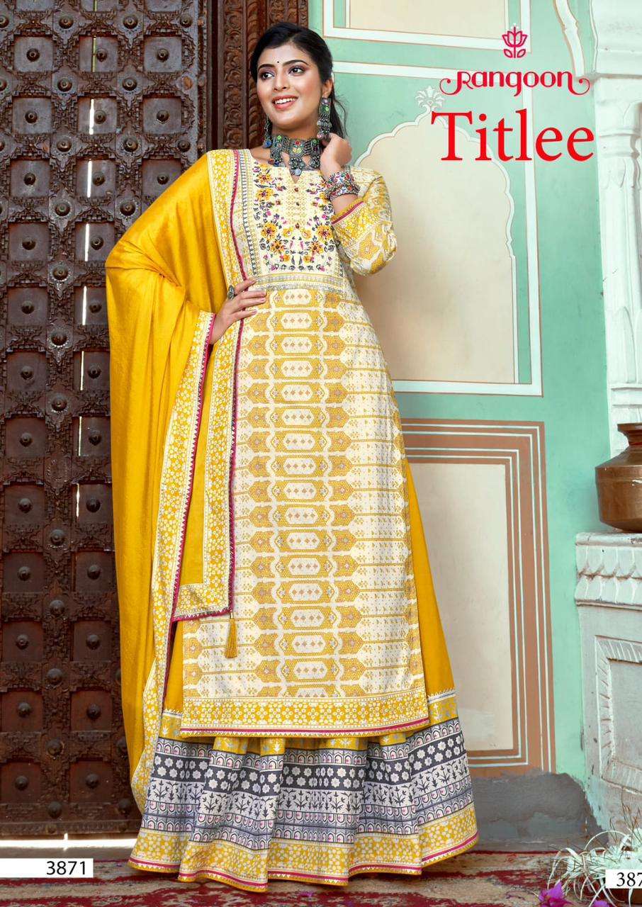 rangoon titlee series 3871-3874 rayon print readymade suit 