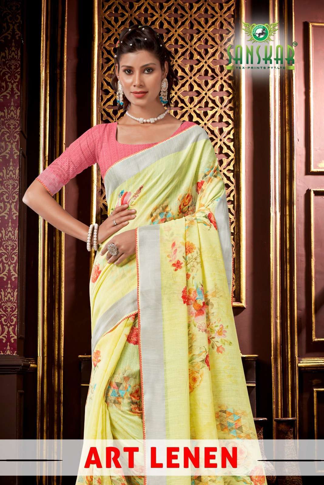 sanskar tex art lenen series 18001-18008 soft linen saree