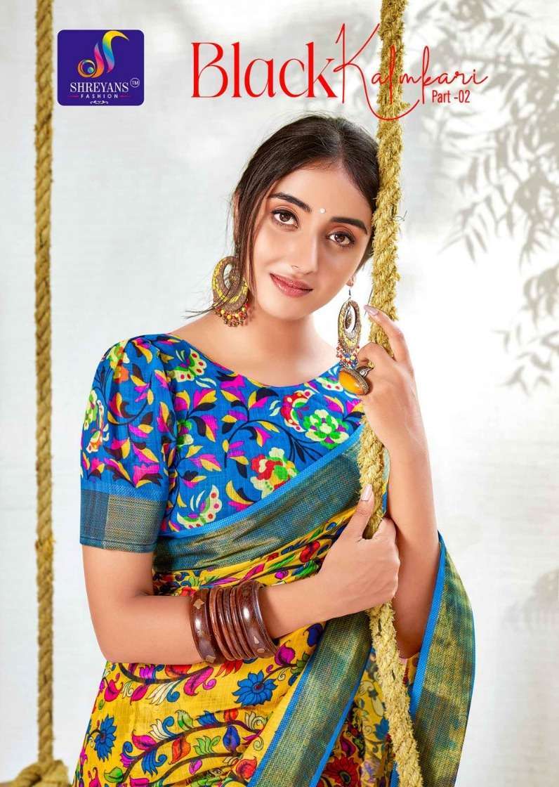 shreyans fashion black kalmkari vol 2 cotton saree