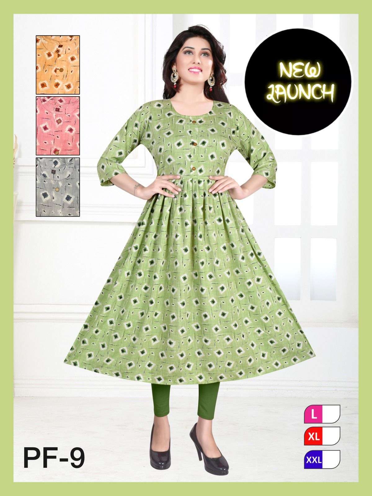 trendy pf-9 bsy long printed ghera kurti