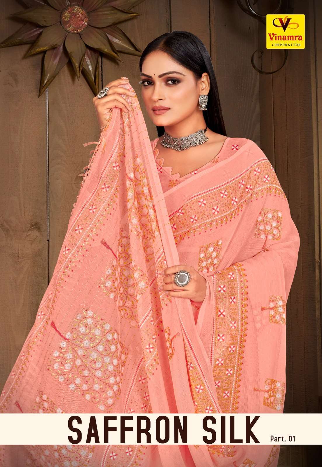 vinamra saffron silk vol 1 series 2401-2408 synthetics gold zari pattern saree