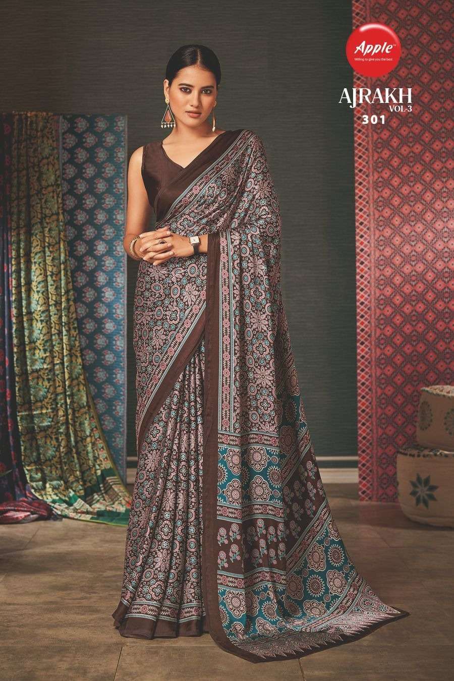 apple ajrakh vol 3 series 301-312 japan crape saree