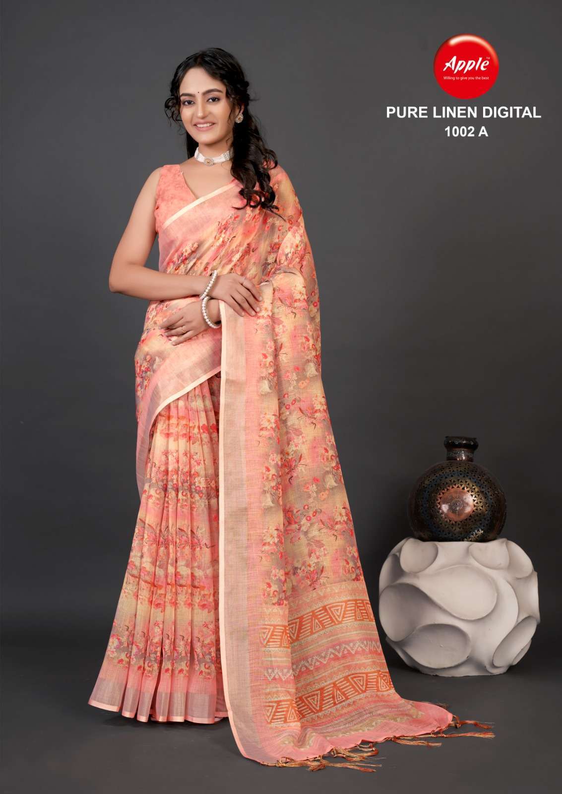 apple pure linen digital 1002 Pure Linen saree