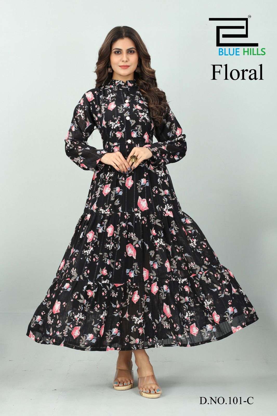 blue hills floral series 101 heavy chiffon lining kurti