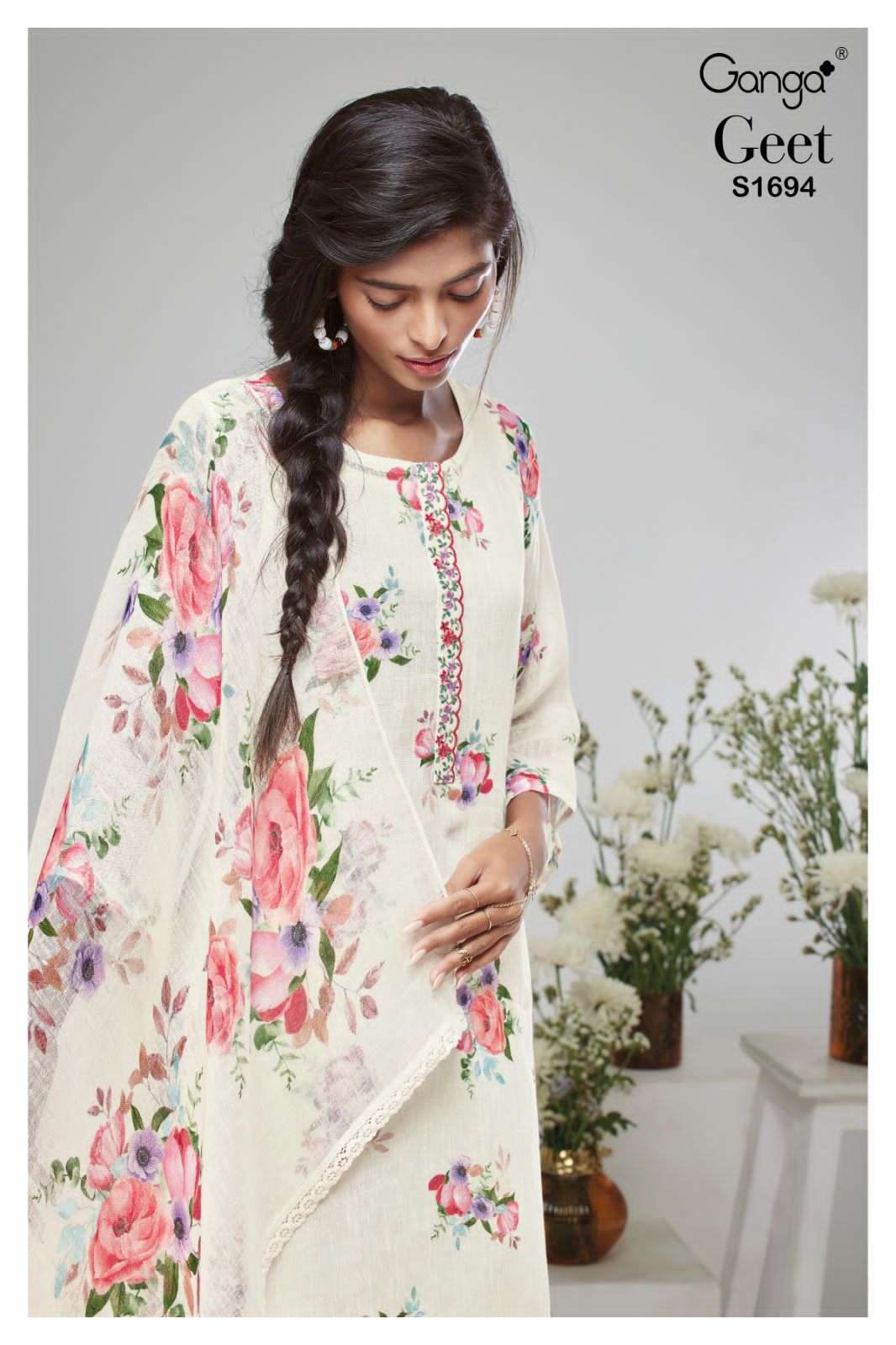 ganga geet S1694 premium linen flower print suit 