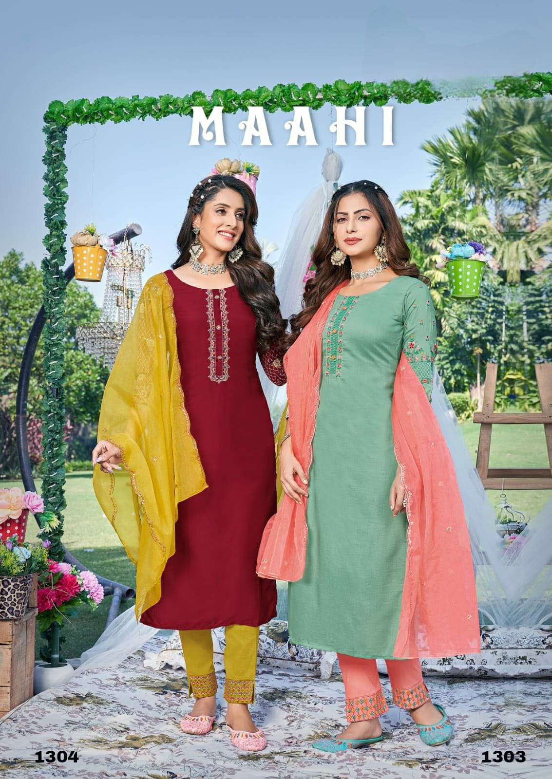 maahi designer Trendy premium viscose chinon silk suit 