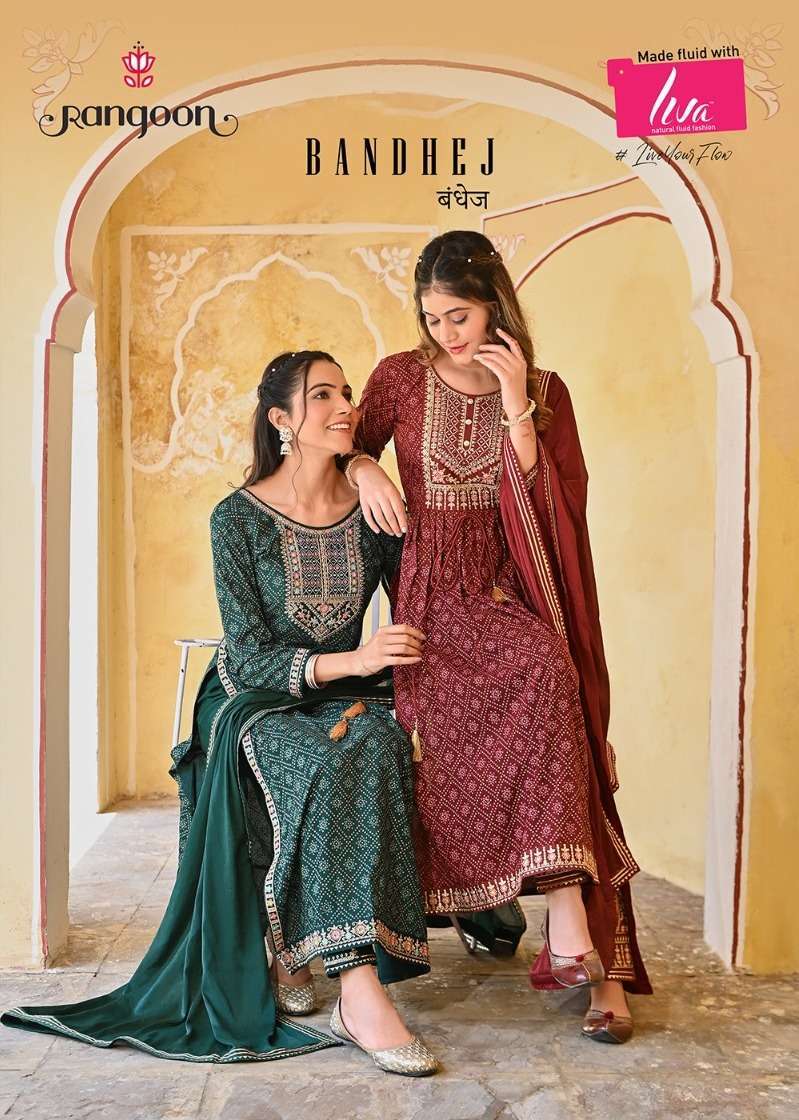 rangoon bandhej series 4421-4424 Rayon readymade suit 
