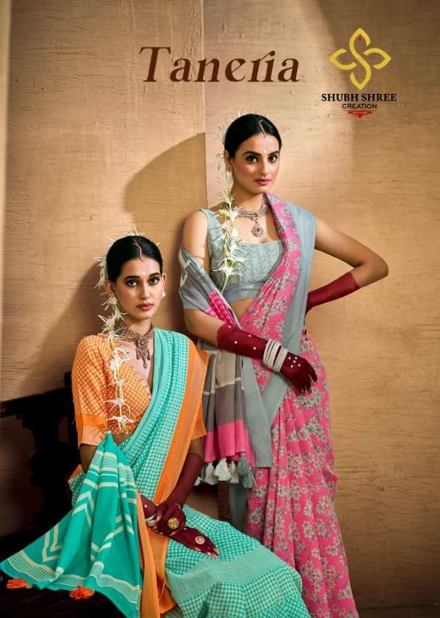 shubh shree taneria series 1001-1008 semi cotton linen saree